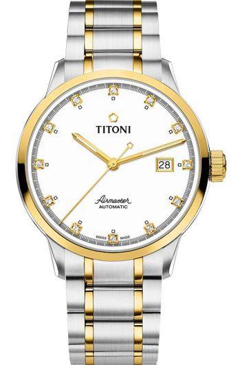 titoni airmaster white dial automatic watch with steel & yellow gold pvd bracelet for men - 83733 sy-556