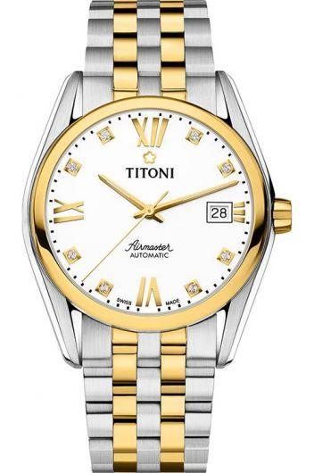 titoni airmaster white dial automatic watch with steel & yellow gold pvd bracelet for men - 83909 sy-063