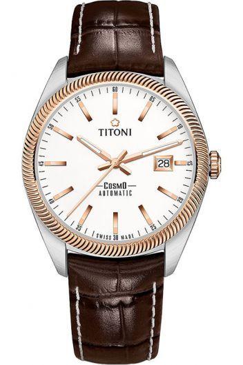 titoni cosmo silver dial automatic watch with leather strap for men - 878 srg-st-606