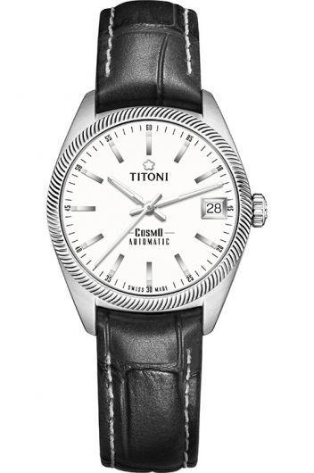 titoni cosmo silver dial automatic watch with leather strap for women - 828 s-st-606