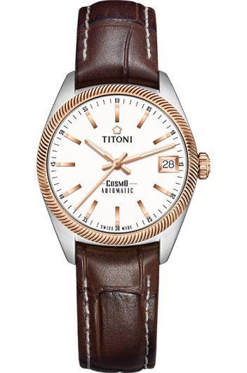 titoni cosmo silver dial automatic watch with leather strap for women - 828 srg-st-606