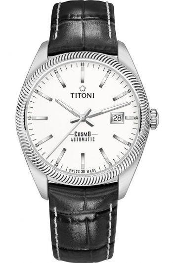 titoni cosmo white dial automatic watch with leather strap for men - 878 s-st-606