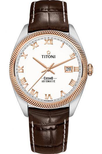 titoni cosmo white dial automatic watch with leather strap for men - 878 srg-st-657