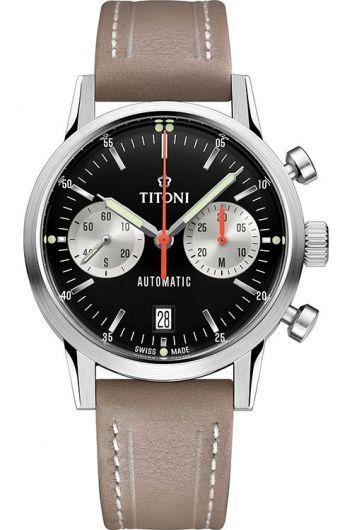 titoni heritage black dial automatic watch with leather strap for men - 94020 s-st-681