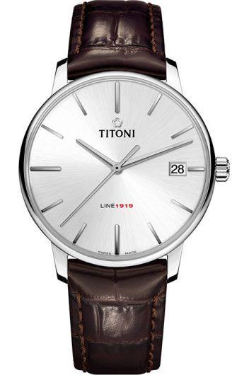 titoni line 1919 silver dial automatic watch with leather strap for men - 83919 s-st-575