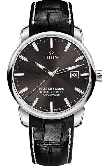 titoni master series anthracite dial automatic watch with leather strap for men - 83188 s-st-576