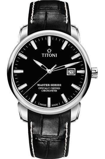 titoni master series black dial automatic watch with leather strap for men - 83188 s-st-577