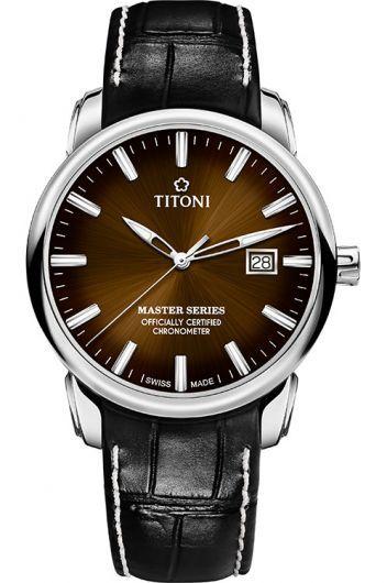 titoni master series brown dial automatic watch with leather strap for men - 83188 s-st-662