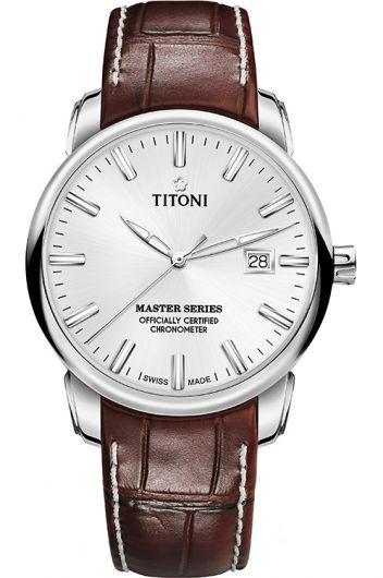 titoni master series silver dial automatic watch with leather strap for men - 83188 s-st-575