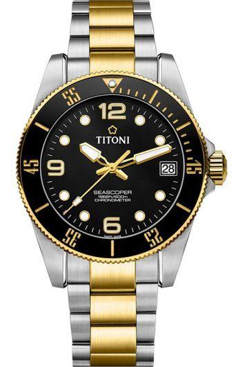 titoni seascoper black dial automatic watch with steel & yellow gold pvd bracelet for men - 83600 sy-bk-256