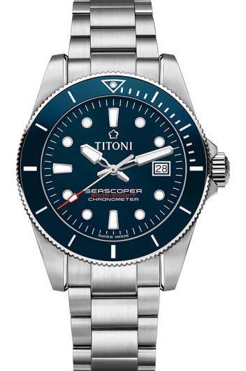 titoni seascoper blue dial automatic watch with steel bracelet for men - 83300 s-be-705