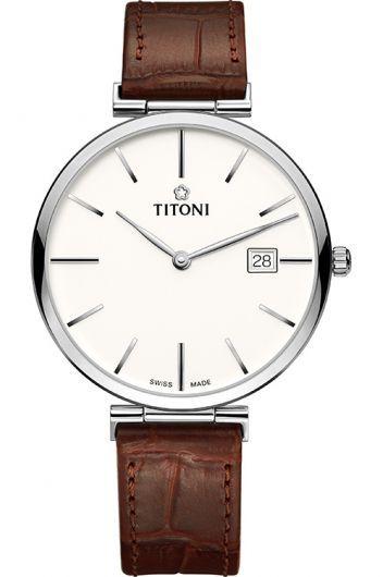 titoni slenderline silver dial automatic watch with leather strap for men - 82718 s-st-606