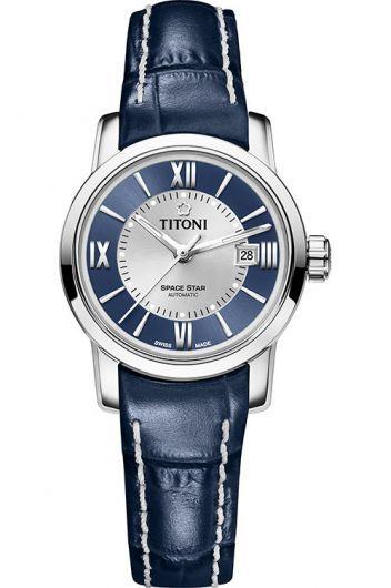 titoni space star blue dial automatic watch with leather strap for women - 23538 s-st-580