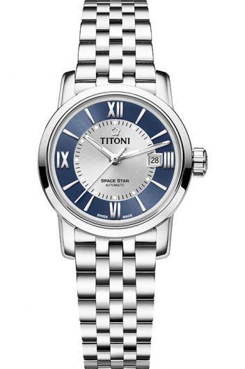 titoni space star blue dial automatic watch with steel bracelet for women - 23538 s-580