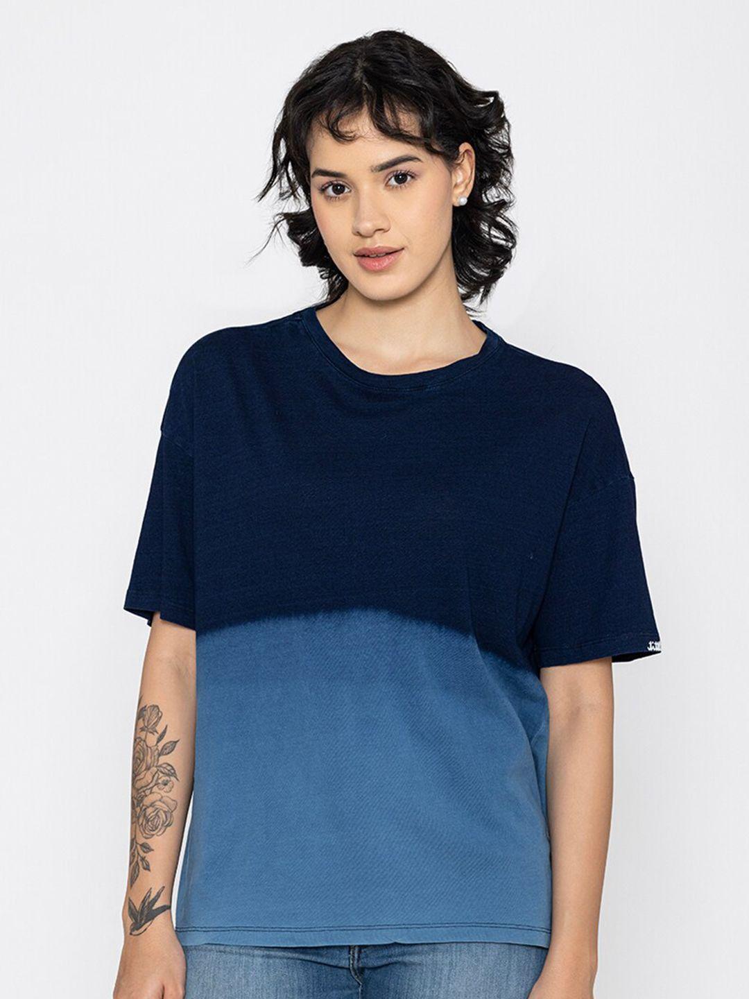 tittli women navy blue & blue dyed drop-shoulder sleeves pure cotton boxy t-shirt