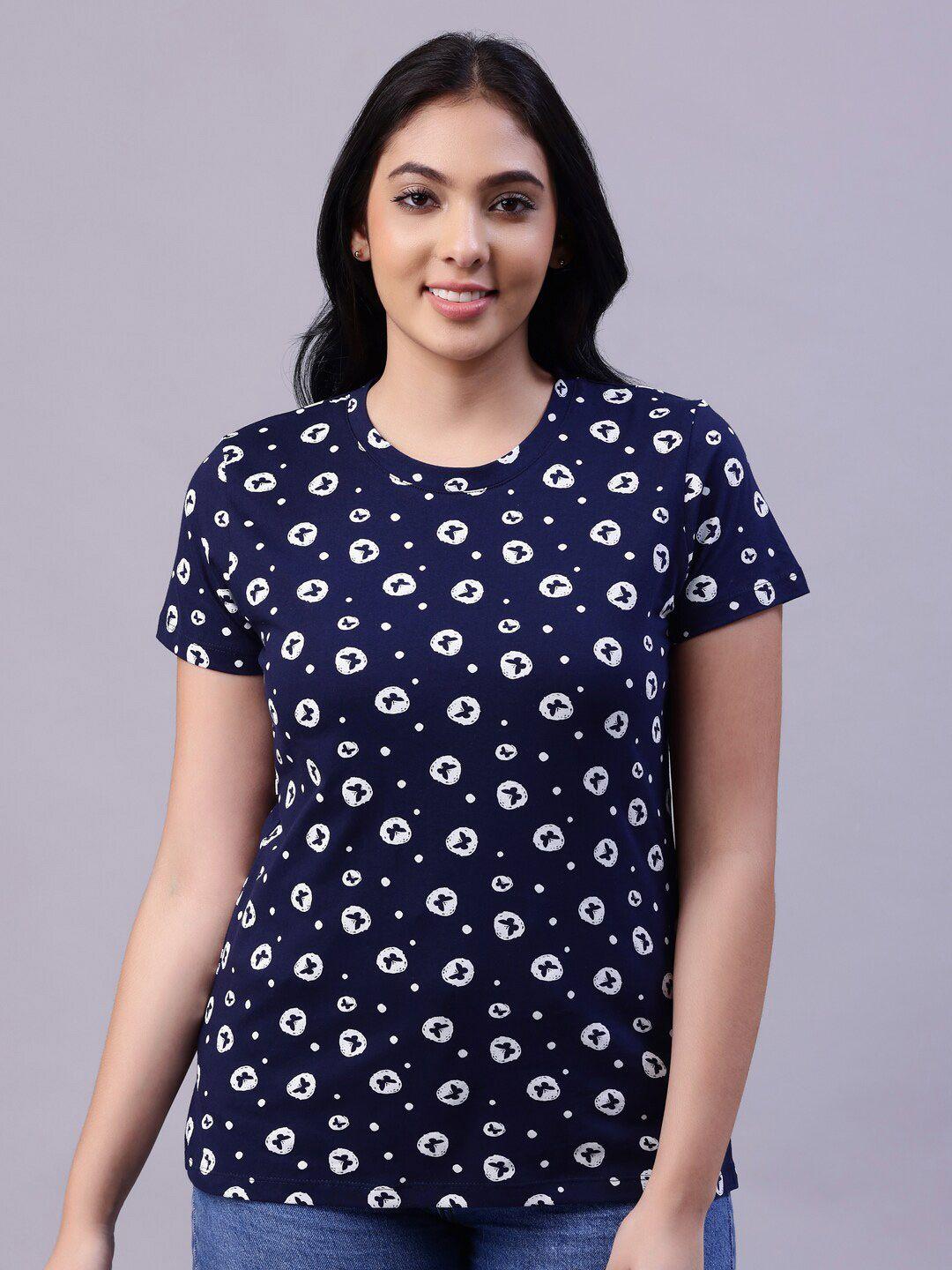 tittli women navy blue & white printed cotton t-shirt