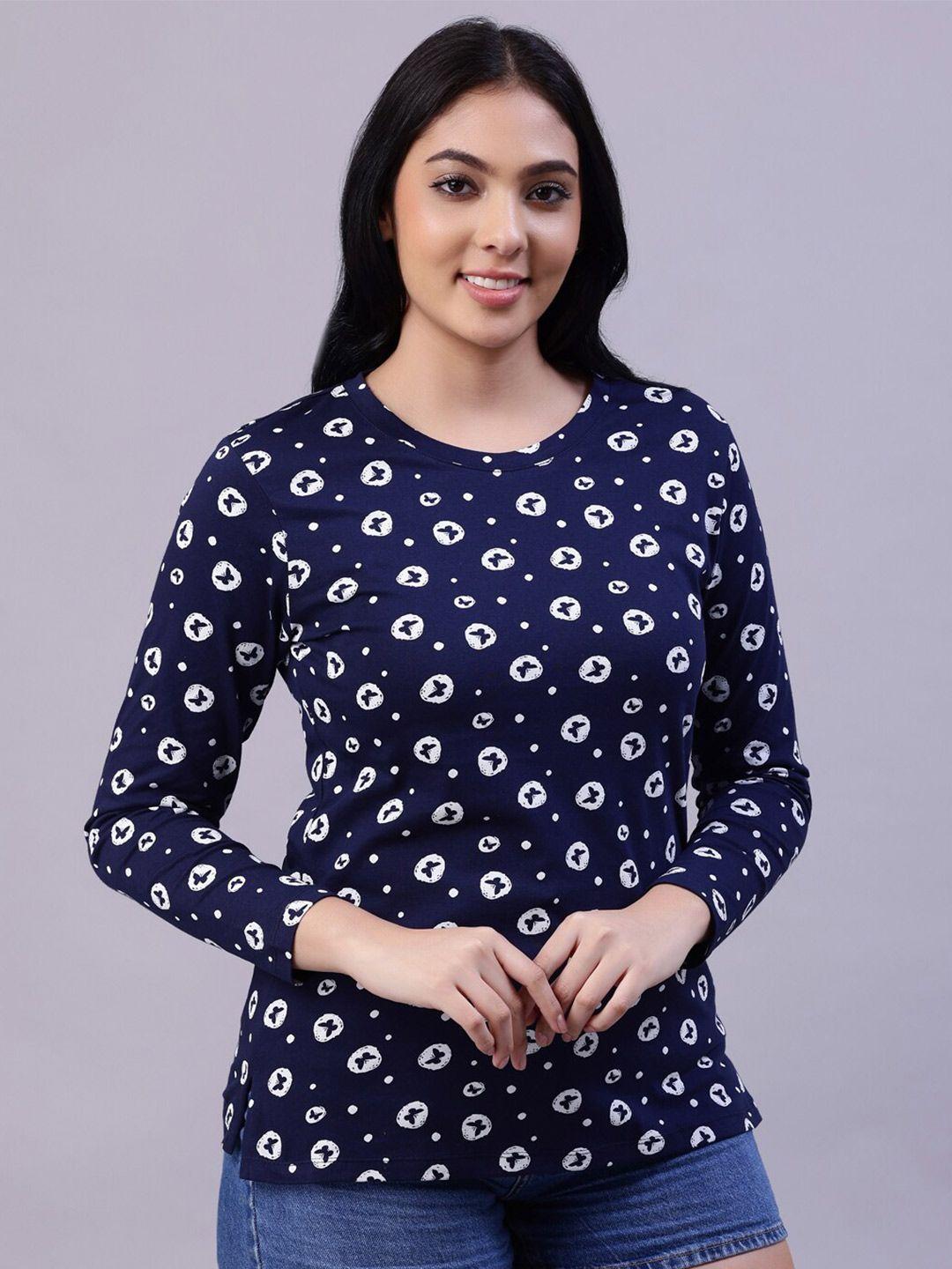 tittli women navy blue printed cotton t-shirt
