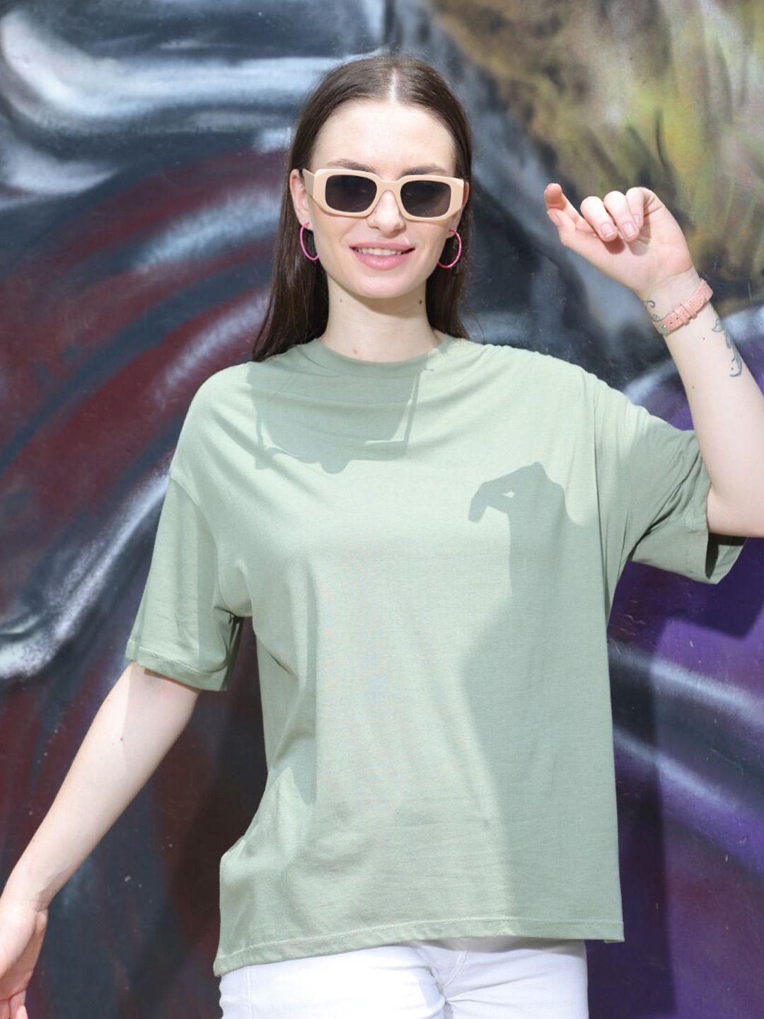 tittli women olive green v-neck pure cotton applique boxy t-shirt