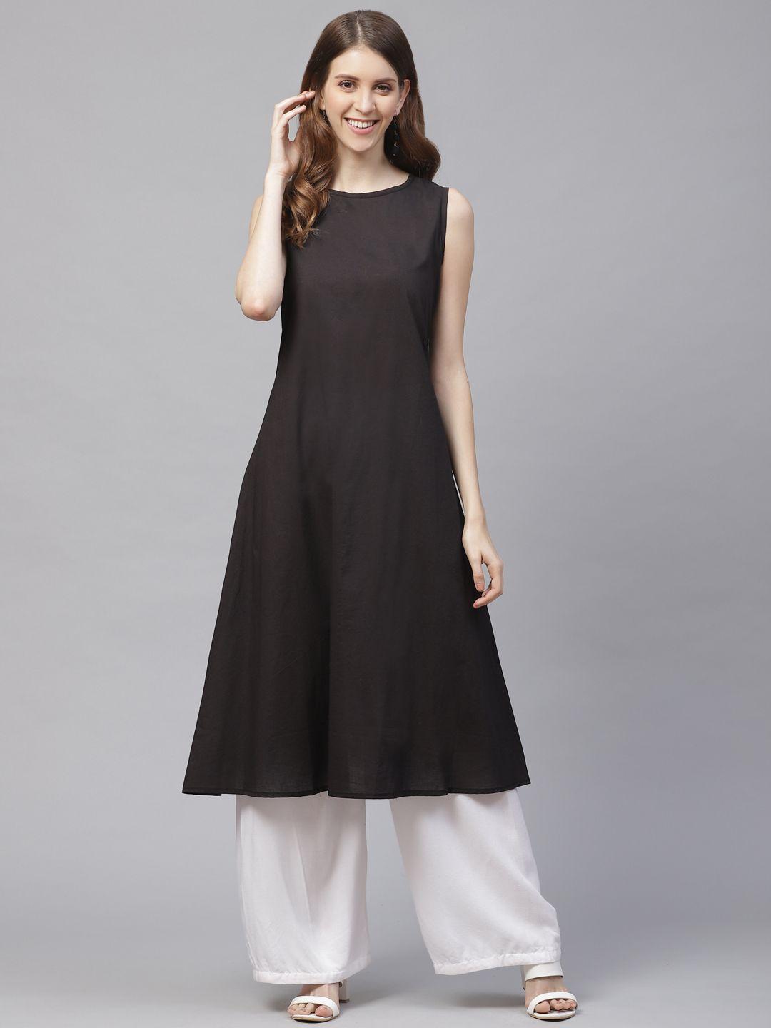 tjori women black solid handcrafted a-line kurta