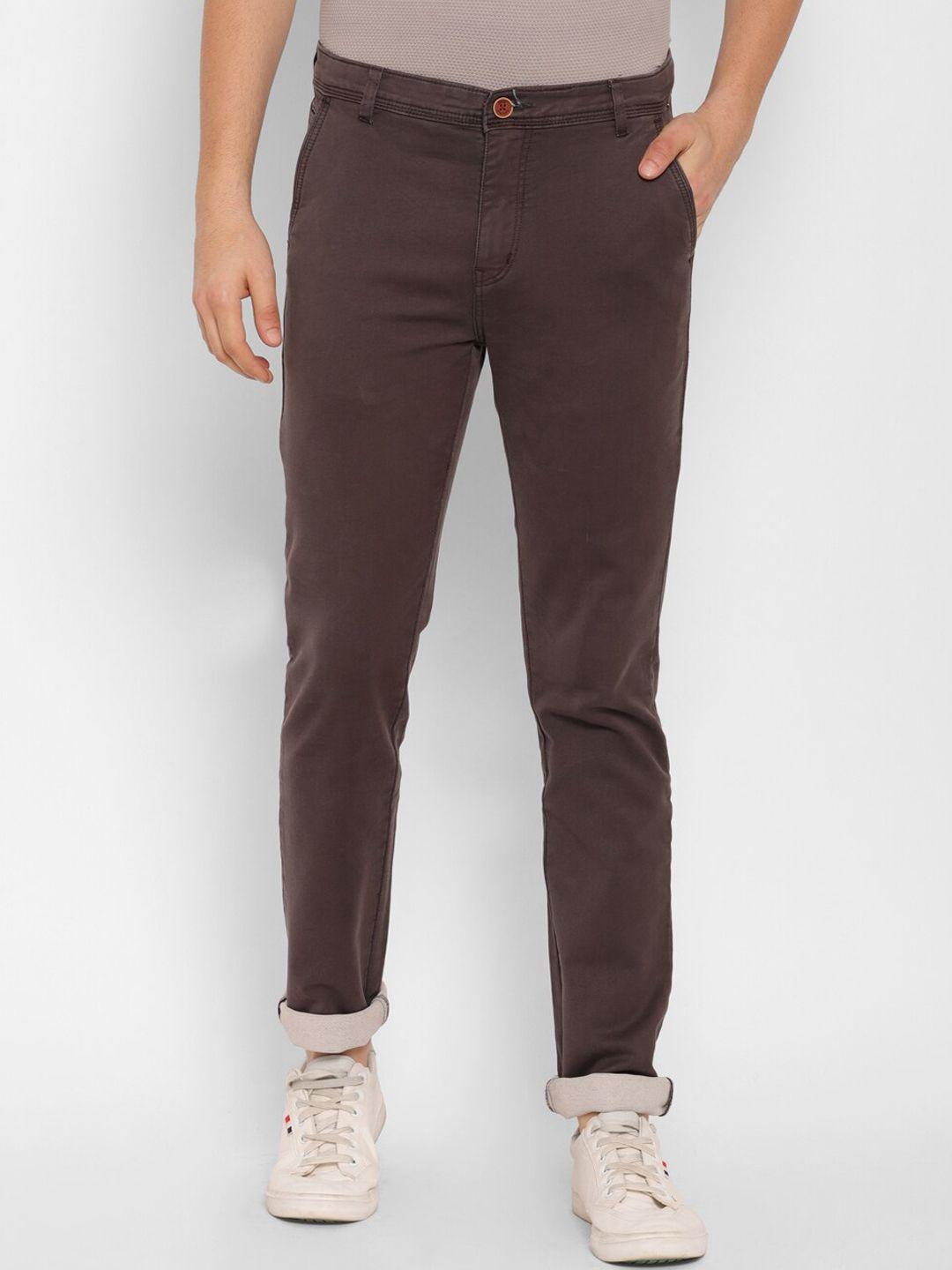 tng men charcoal brown slim fit solid cotton trousers