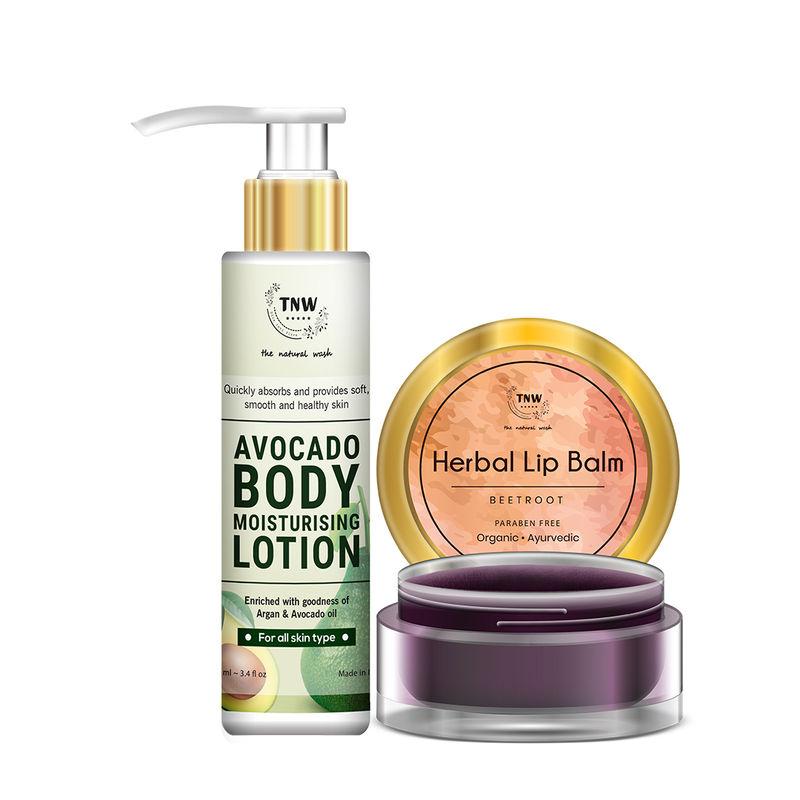 tnw the natural wash avocado lotion for moisturising skin with beetroot lip balm