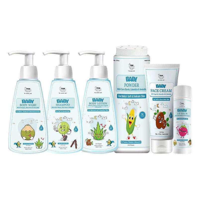 tnw the natural wash baby care range lip balm face cream body lotion powder shampoo and body wash