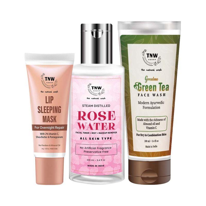 tnw the natural wash green tea face wash steam distilled rose water and lip sleeping mask combo