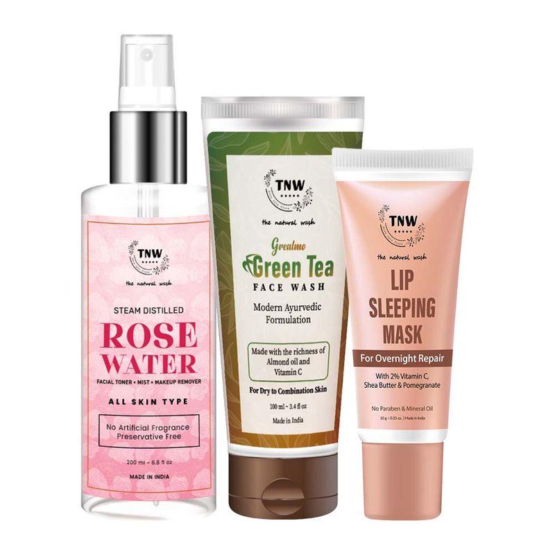tnw the natural wash green tea face wash steam distilled rose water and lip sleeping mask combo