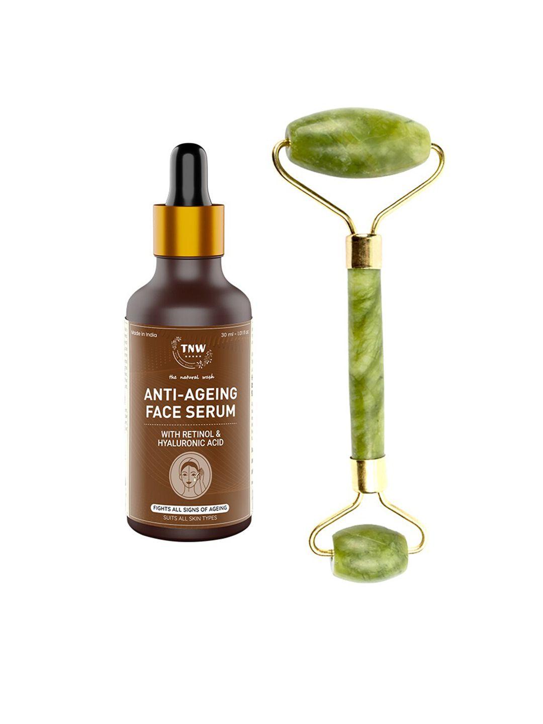 tnw the natural wash set of anti aging face serum 30ml & jade roller- green