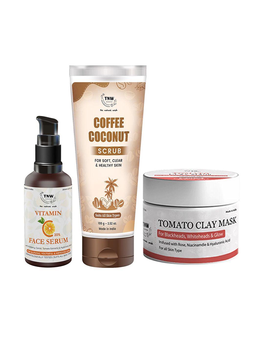 tnw the natural wash set of vitamin c face serum, tomato clay mask & coffee coconut scrub