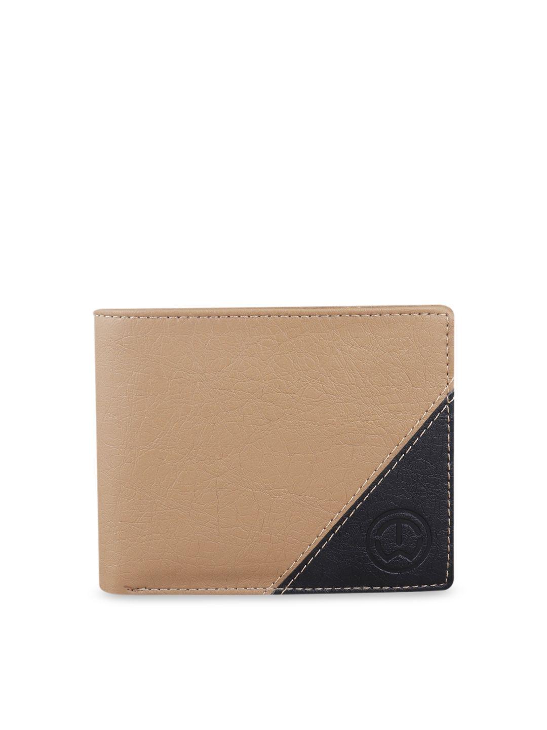 tnw men beige & black colorblocked two fold wallet