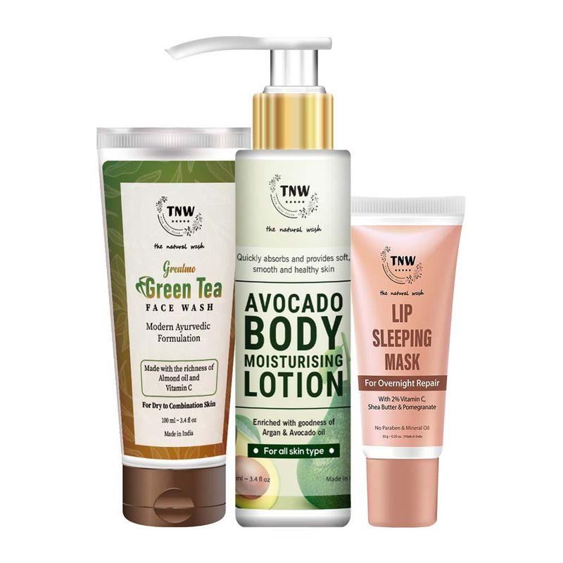 tnw the natural wash green tea face wash avocado body lotion & lip sleeping mask combo