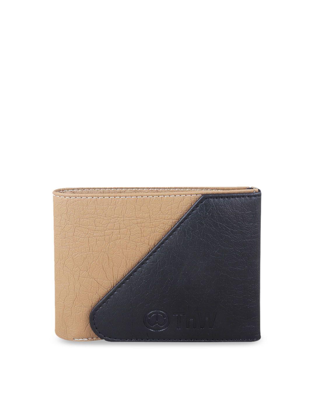 tnw unisex beige & navy blue colourblocked two fold wallet