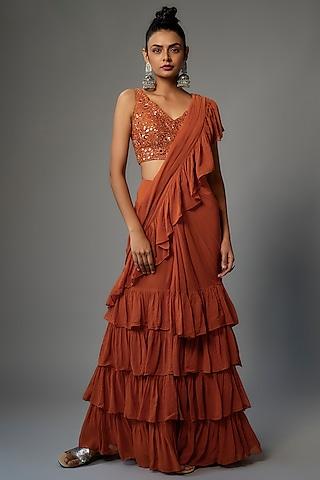 toasted orange georgette ruffle saree set