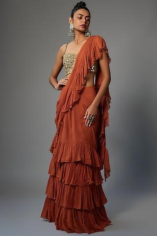 toasted orange georgette ruffle saree set