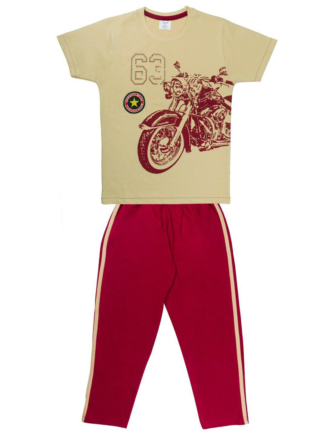todd n teen boys beige & maroon printed t-shirt with pyjamas