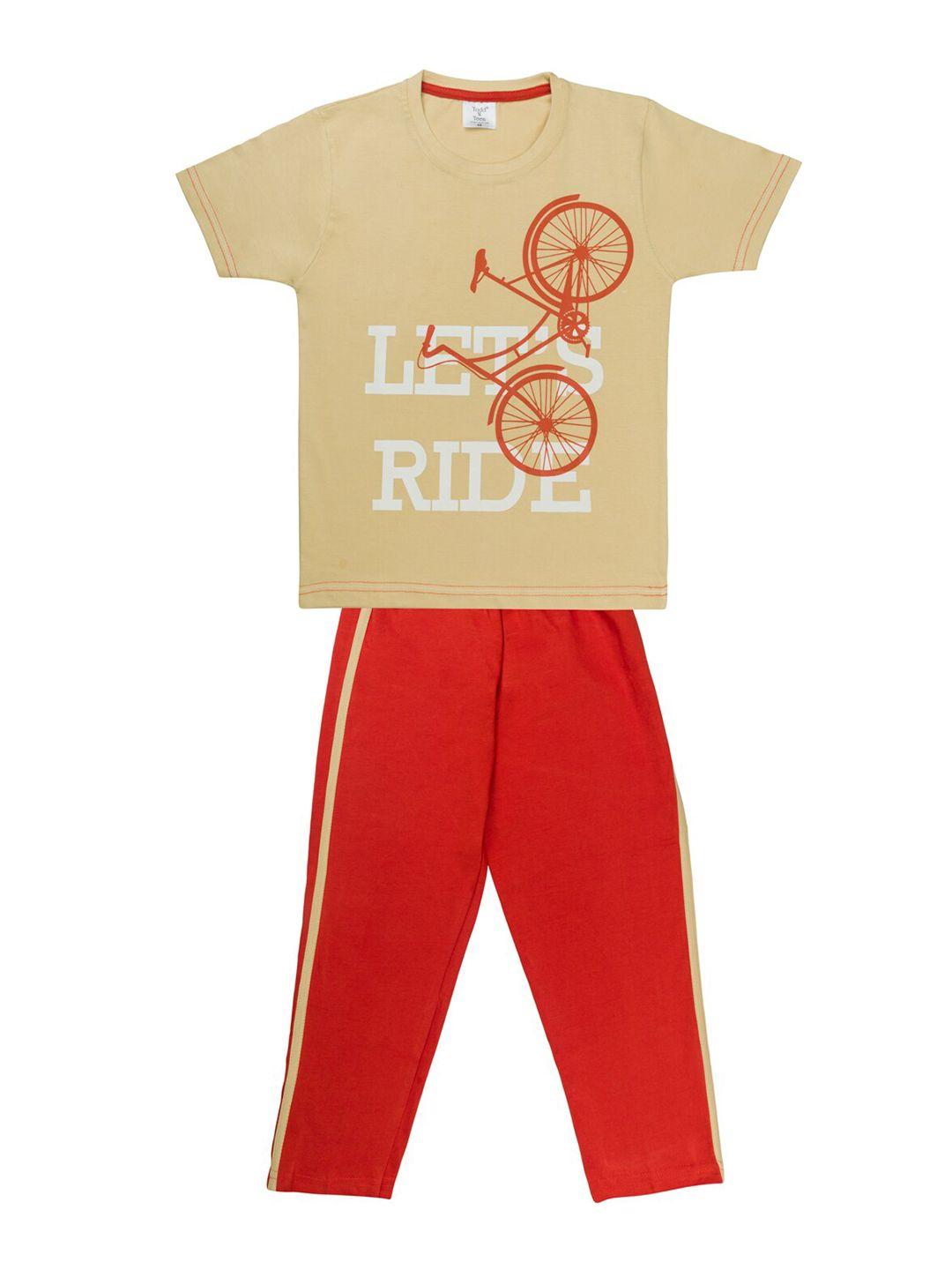 todd n teen boys camel brown & red printed cotton t-shirt with pyjamas