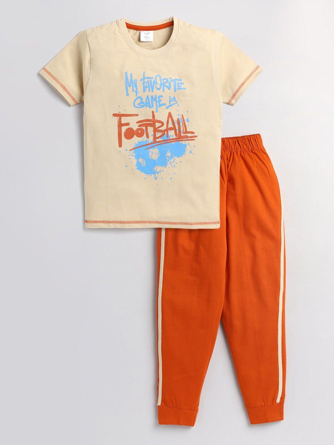 todd-n-teen-boys-cream-coloured-&-orange-pure-cotton-printed-t-shirt-with-trousers