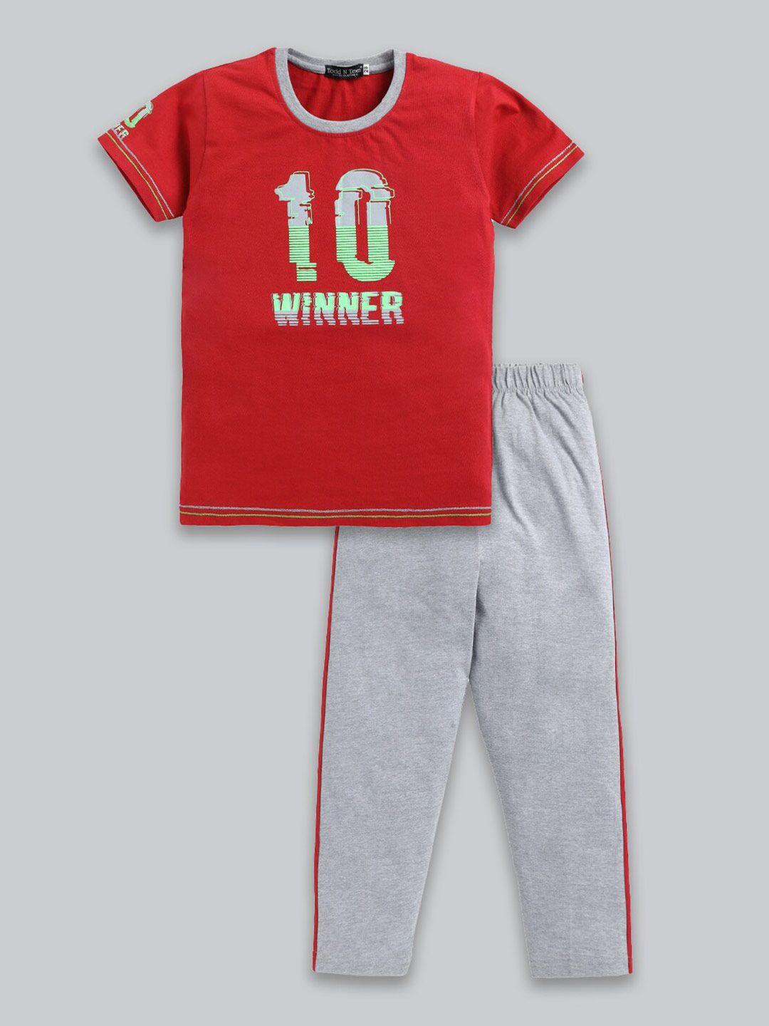 todd n teen boys printed pure cotton round neck t-shirt with trousers clothing set