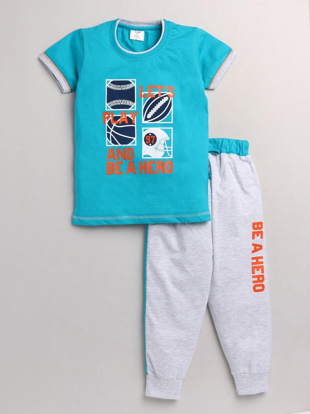 todd n teen boys turquoise blue & orange printed cotton t-shirt with trousers