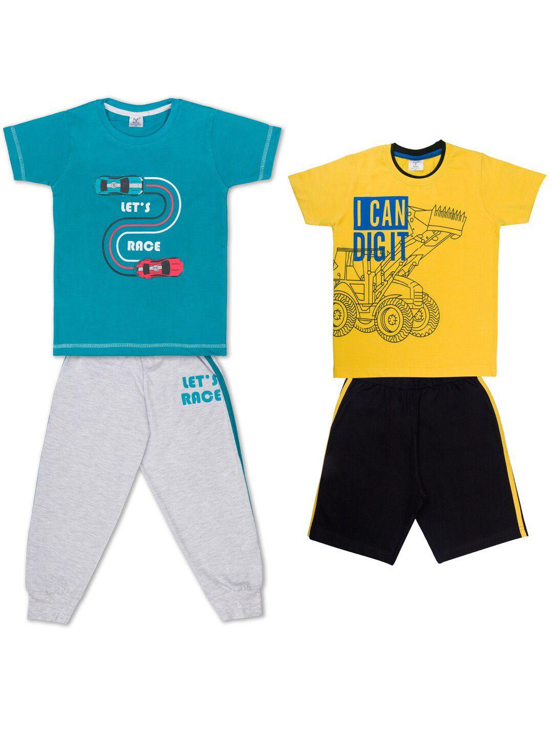 todd n teen boys turquoise blue & yellow set of 2 printed cotton t-shirt & shorts