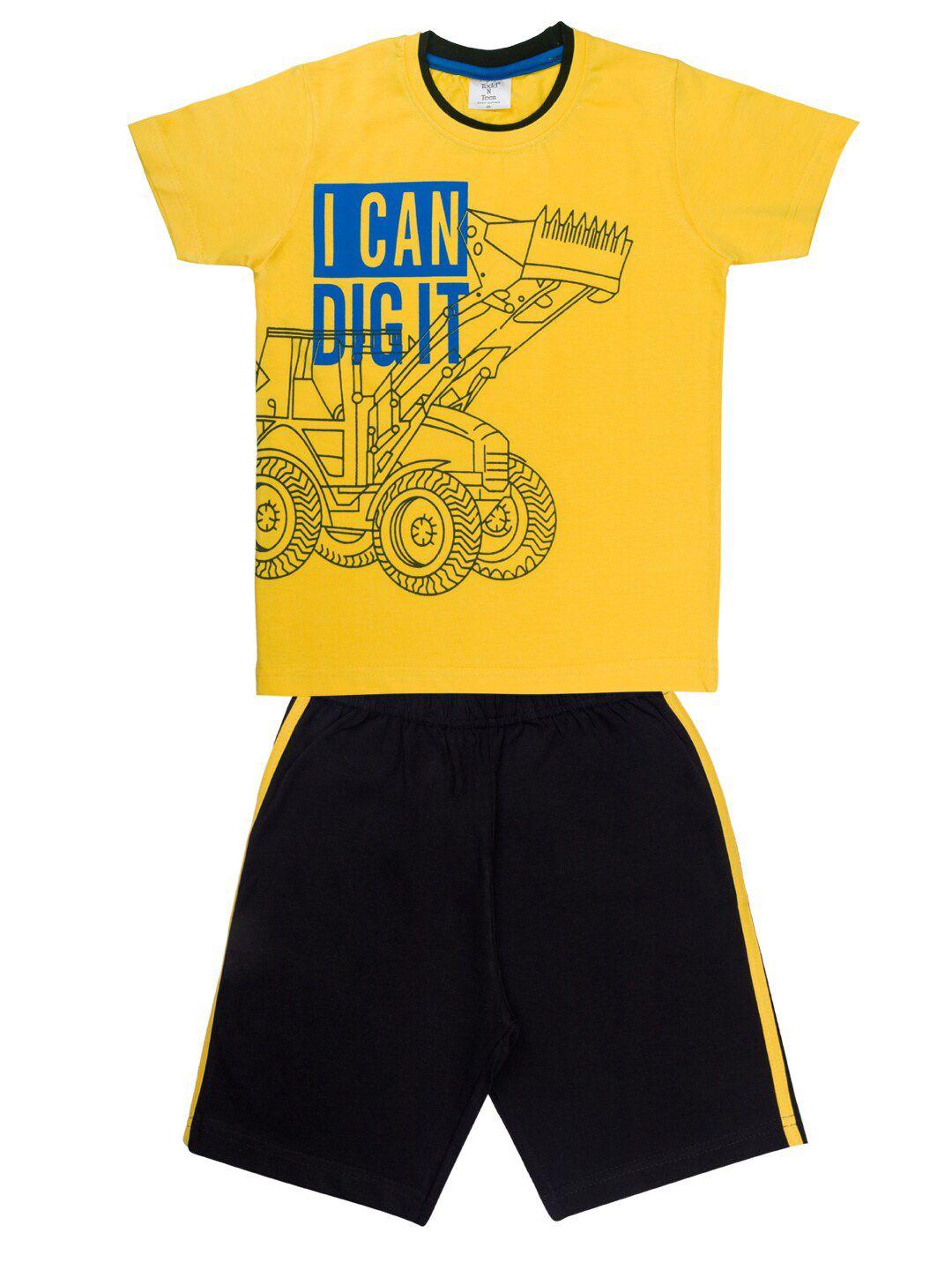 todd n teen boys yellow & black printed pure cotton t-shirt with shorts