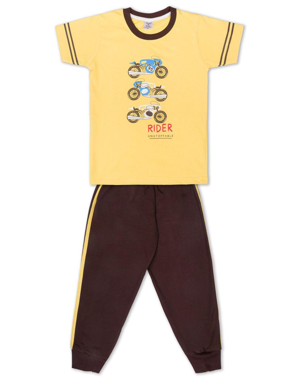 todd n teen boys yellow & coffee brown printed short sleeve clothing set set