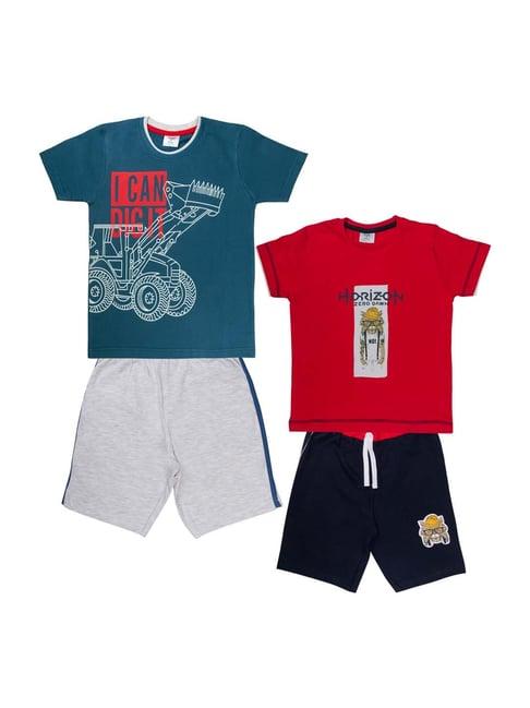 todd n teen kids blue & red cotton printed t-shirt & shorts - pack of 2