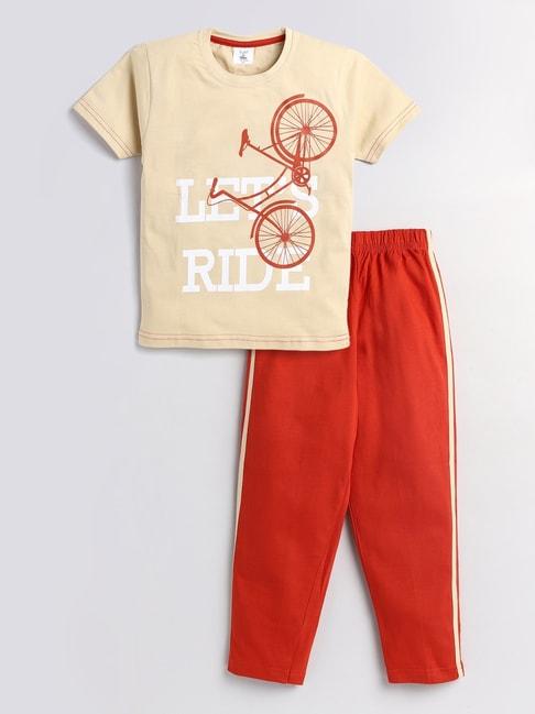 todd n teen kids printed beige & red t-shirt with trackpants