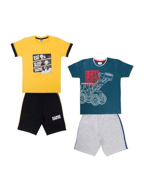 todd n teen kids yellow & blue cotton printed t-shirt & shorts - pack of 2
