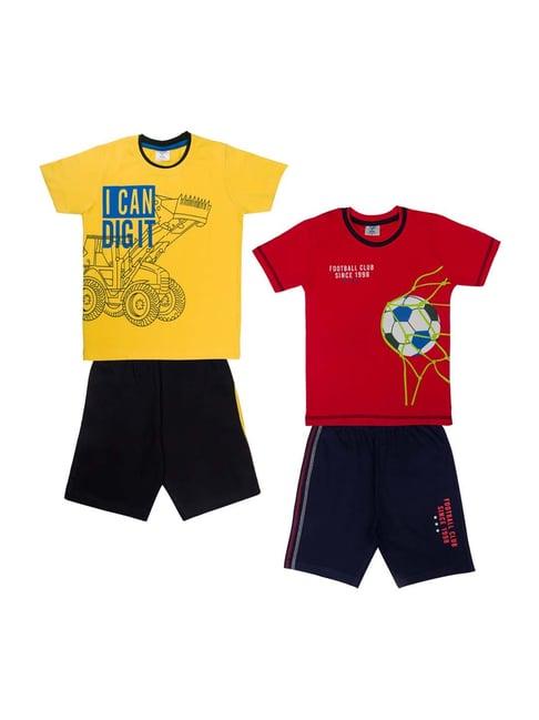 todd n teen kids yellow & red cotton printed t-shirt & shorts - pack of 2