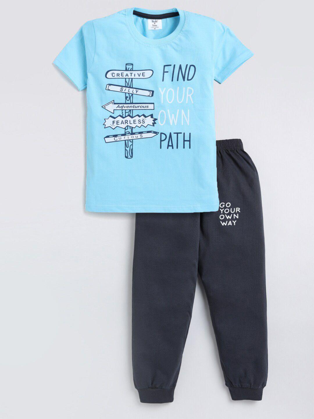 todd n teen boys blue & grey printed cotton t-shirt with trousers