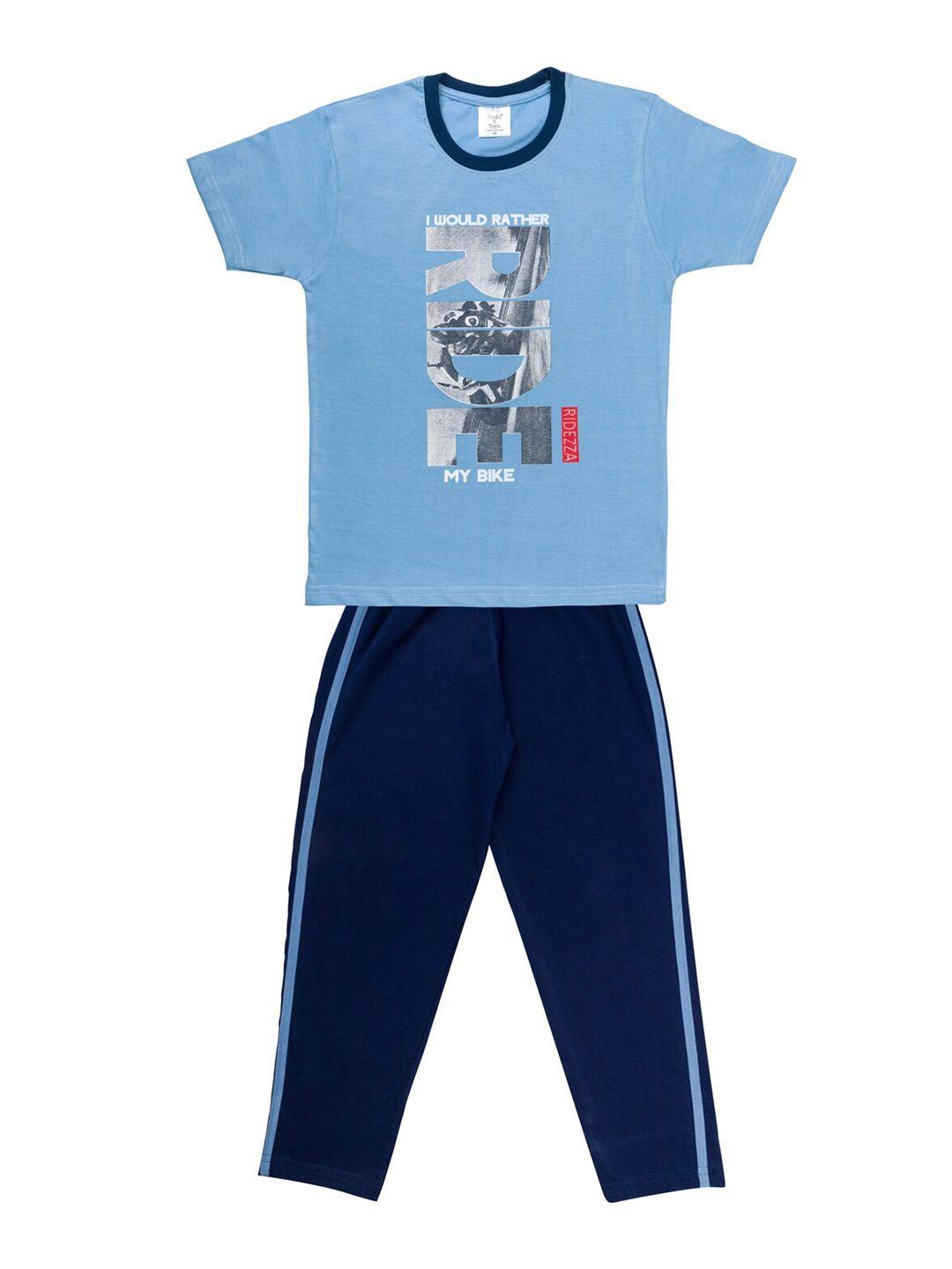 todd n teen boys blue & navy blue printed pure cotton t-shirt with pyjamas