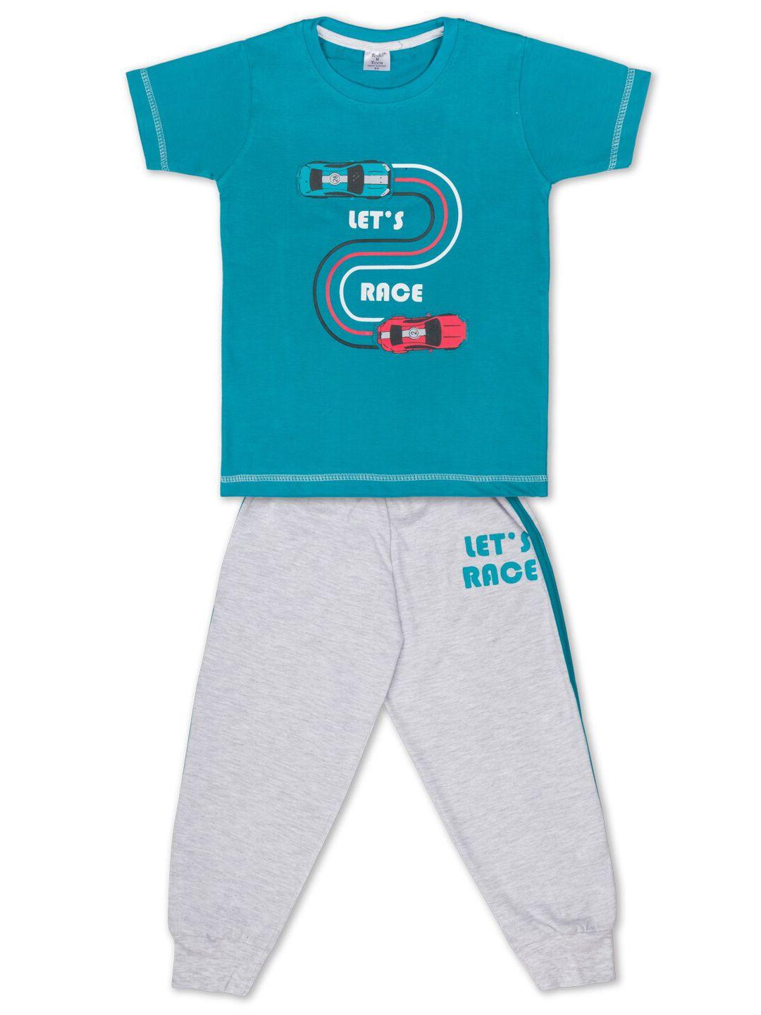 todd n teen boys green & grey printed t-shirt with trousers night suits